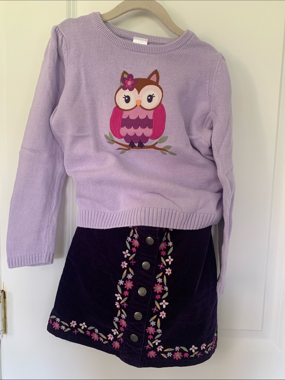 Gymboree Lavender Owl Sweater with Purple Embroidered Velvet Skirt Set